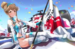 Rule 34 | 1girl, bare shoulders, blue sky, blush, boots, breasts, brown hair, car, cleavage, cloud, company connection, confetti, covered navel, day, detached sleeves, earrings, flag, formula racer, gloves, hair bun, hairband, high heels, highleg, highleg leotard, highres, idolmaster, idolmaster million live!, jewelry, leotard, long hair, looking at viewer, medium breasts, motor vehicle, namco, open mouth, outdoors, race queen, race vehicle, racecar, return of ishtar, run p (aveton), scarf, shoes, sidelocks, sitting, sky, smile, solo, tenkuubashi tomoka, thigh boots, thighhighs, thighs, two-tone gloves, two-tone leotard, white footwear, yellow eyes, zipper