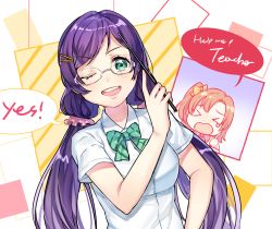 Rule 34 | &gt; &lt;, 10s, 2girls, bespectacled, closed eyes, glasses, green eyes, kosaka honoka, love live!, love live! school idol festival, love live! school idol project, low twintails, multiple girls, one eye closed, open mouth, orange hair, purple hair, school uniform, scrunchie, side ponytail, tiny (tini3030), tojo nozomi, twintails