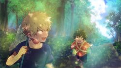 Rule 34 | 0ida, 2boys, :d, aged down, bakugou katsuki, black shorts, blonde hair, bloom, blue shirt, blue sky, blurry, boku no hero academia, box, bush, butterfly net, child, clenched hand, cloud, cloudy sky, collarbone, commentary, container, dappled sunlight, day, foliage, forest, freckles, green eyes, green hair, hair between eyes, hand net, hand up, hands up, happy, holding, holding butterfly net, light, looking at another, looking back, male focus, midoriya izuku, multiple boys, nature, open mouth, orange shirt, pac-man eyes, red eyes, road, running, sanpaku, shirt, short hair, short sleeves, shorts, shoulder strap, sky, smile, spiked hair, sunlight, tree, turning head, upper body, v-shaped eyebrows, vanishing point