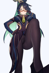 Rule 34 | 1girl, aqua eyes, black hair, bodystocking, breasts, chinese hairpin, cloud retainer (genshin impact), colored inner hair, distr, femdom, genshin impact, glasses, gloves, green hair, hair ornament, highres, jewelry, large breasts, long hair, long sleeves, looking at viewer, multicolored hair, pov, red-framed eyewear, semi-rimless eyewear, simple background, solo, stepped on, tassel, two-tone hair, very long hair, white background, xianyun (genshin impact)