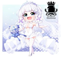 Rule 34 | 1girl, :d, azur lane, bare arms, bare shoulders, blunt bangs, border, bouquet, breasts, center opening, character name, chibi, cleavage, commentary, dress, flower, frilled skirt, frills, full body, garter straps, green eyes, hair ornament, high heels, holding, illustrious (azur lane), illustrious (morning star of love and hope) (azur lane), kado (hametunoasioto), knees together feet apart, large breasts, looking at viewer, navel, open mouth, petals, rose, skirt, sleeveless, smile, solo, standing, tiara, white border, white dress, white flower, white footwear, white hair, white legwear, white rose, white skirt