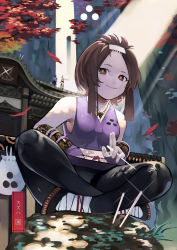 Rule 34 | 3girls, armor, aroha (aroha390), bad id, bad pixiv id, bandaged foot, bandages, bare shoulders, black panties, blush, brown eyes, brown hair, closed mouth, falling leaves, glint, highres, holding, holding needle, holding weapon, impossible clothes, jewelry, katana, leaf, light rays, long hair, multiple girls, necklace, needle, ninja, original, outdoors, panties, patterned, patterned clothing, short hair, sitting, smile, sword, temple, twintails, underwear, vambraces, water, waterfall, weapon