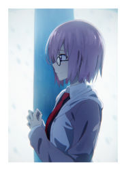 Rule 34 | 1girl, black-framed eyewear, border, closed mouth, fate/grand order, fate (series), from side, hair over one eye, highres, hood, hoodie, interlocked fingers, mash kyrielight, necktie, open clothes, open hoodie, own hands together, profile, purple eyes, purple hair, red necktie, short hair, smile, solo, tomato (lsj44867), upper body