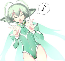 Rule 34 | 1girl, :d, ^ ^, antenna hair, ar tonelico, ar tonelico ii, blush, bodysuit, closed eyes, cowboy shot, detached sleeves, dutch angle, fairy wings, flat chest, flipped hair, frelia (ar tonelico), frelia ansul solmarta, green hair, groin, gust, hair between eyes, happy, hasumi takashi, leotard, multicolored wings, musical note, open mouth, parted bangs, quaver, short hair, smile, solo, speech bubble, spoken musical note, turtleneck, v, wings