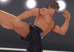 Rule 34 | 1boy, abs, armband, bara, black shorts, brown hair, highres, large pectorals, male focus, mature male, muay thai, muscular, muscular male, open mouth, original, pectorals, reveal0704, shorts, solo, tan, yellow eyes