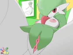 Rule 34 | 1girl, animated, animated gif, artist name, between legs, breasts, breasts out, creatures (company), female masturbation, fingering, game freak, gardevoir, gen 3 pokemon, green hair, hair over one eye, hand between legs, large breasts, lying, masturbation, nintendo, nipples, on back, open mouth, photo (object), pokemon, pokemon (creature), pokemon rse, pussy, red eyes, short hair, solo, spread legs, text focus, uncensored, watermark, zenminch