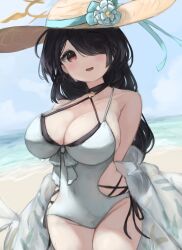 Rule 34 | 1girl, absurdres, bare shoulders, beach, black choker, black hair, blue archive, blush, bow, breasts, choker, cleavage, collarbone, criss-cross halter, day, eyelashes, flower, hair over one eye, halo, halterneck, hand on headwear, hat, hat flower, hat ribbon, highres, hinata (blue archive), hinata (swimsuit) (blue archive), large breasts, large hat, layered swimsuit, long hair, looking at viewer, one-piece swimsuit, one eye covered, open mouth, outdoors, red eyes, ribbon, see-through, skindentation, smile, solo, spaghetti strap, sun hat, swimsuit, teruriu, two-tone swimsuit, upper body, very long hair, white bow, white flower, yellow halo