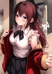 Rule 34 | 1girl, absurdres, bad id, bad pixiv id, black bow, black skirt, blush, bow, bowtie, breasts, brown hair, coat, copyright name, earrings, foreshortening, frilled sleeves, frills, hair between eyes, hair bow, highres, jewelry, jururu, long hair, long sleeves, looking at viewer, medium breasts, miniskirt, nao (okt8538), open clothes, open coat, pleated skirt, ponytail, purple eyes, red coat, shirt, skirt, solo, virtual youtuber, waktaverse, white shirt