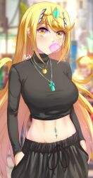 Rule 34 | 1girl, anisdrawn, artist name, black pants, black shirt, blonde hair, blurry, blurry background, breasts, blowing bubbles, chewing gum, commentary, core crystal (xenoblade), crop top, english commentary, eyelashes, glint, highres, jewelry, long hair, medium breasts, midriff, mythra (xenoblade), navel, navel piercing, necklace, pants, piercing, shirt, solo, tiara, xenoblade chronicles (series), xenoblade chronicles 2, yellow eyes