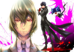 Rule 34 | 10s, 2boys, akechi gorou, amamiya ren, bad id, bad pixiv id, black hair, black pants, blood, blood splatter, boots, brown footwear, brown hair, cat, flower, gloves, looking at viewer, male focus, mitsuha (bless blessing), morgana (persona 5), multiple boys, necktie, open mouth, pants, persona, persona 5, red eyes, red gloves, rose, smelling, striped clothes, striped necktie, striped neckwear, tears, vertical-striped clothes, vertical-striped necktie, vest, yaoi