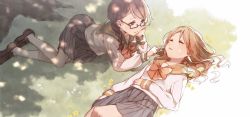 Rule 34 | 2girls, black hair, bow, bowtie, braid, cheek poking, head rest, commentary request, closed eyes, glasses, hand on own stomach, highres, hotechige, loafers, long sleeves, looking at another, lying, multiple girls, on back, on grass, on ground, on stomach, orange hair, original, parted lips, pleated skirt, poking, school uniform, semi-rimless eyewear, shade, shoes, skirt, sleeping, smile, socks, under-rim eyewear, white legwear, yuri