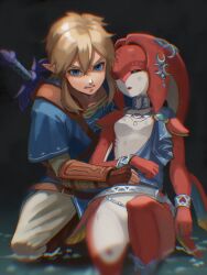 Rule 34 | 1boy, 1girl, absurdres, bangle, bracelet, champion&#039;s tunic (zelda), collar, commentary, english commentary, english text, fish girl, highres, jewelry, link, master sword, mipha, monster girl, nintendo, saburou (jako), sword, the legend of zelda, the legend of zelda: breath of the wild, translated, unconscious, water, weapon, weapon on back, wrist cuffs, zora