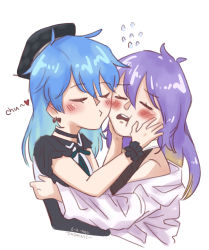 Rule 34 | 2girls, about to kiss, alternate costume, alternate hairstyle, beret, black headwear, blue hair, blush, closed eyes, dhominic25, hand on another&#039;s cheek, hand on another&#039;s face, hat, hololive, hololive indonesia, hoshimachi suisei, hoshimachi suisei (streetwear), imminent kiss, jacket, jacket partially removed, long hair, moona hoshinova, multicolored hair, multiple girls, nervous, official alternate costume, open mouth, purple hair, simple background, virtual youtuber, white jacket, yuri