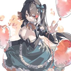 Rule 34 | 1girl, balloon, breasts, brown hair, cleavage, closed mouth, dress, large breasts, orange eyes, qtian, smile, solo, twintails