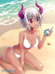 Rule 34 | 10s, 1girl, ange vierge, beach, bikini, breasts, cleavage, conch, demon girl, gradient background, horns, kneeling, nakashima tai, open mouth, pointy ears, purple eyes, shell, short hair, solo, starfish, swimsuit, wet, white hair