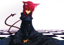 Rule 34 | 1girl, animal ears, bad id, bad pixiv id, braid, cat ears, cat girl, cat tail, din (artist), din (flypaper), dress, female focus, kaenbyou rin, multiple tails, red eyes, red hair, ribbon, short hair, solo, tail, touhou, twin braids, twintails