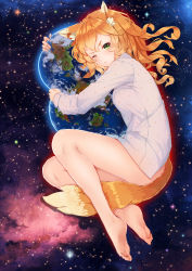 Rule 34 | 1girl, animal ears, bare legs, barefoot, between legs, blouse, blush, earth (planet), fangxiang cuoluan, firefox (browser), fox ears, fox tail, from side, frown, full body, giant, giantess, green eyes, highres, huge giantess, long hair, looking at viewer, mozilla firefox, naked shirt, one eye closed, orange hair, os-tan, personification, planet, shirt, solo, space, star (sky), tail, tail between legs, white shirt, wink