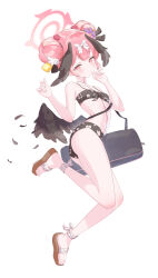 Rule 34 | 1girl, absurdres, ankle ribbon, artist name, bag, bare shoulders, bikini, black bikini, black hairband, black wings, blue archive, blush, breasts, double bun, expressions, feathered wings, feet, floral print, flower, flower hairband, full body, hair bun, hair flower, hair ornament, hair ribbon, hairband, halo, hancho, hand on own face, hands up, head wings, highres, jumping, koharu (blue archive), koharu (swimsuit) (blue archive), leg ribbon, looking at viewer, mini wings, no mouth, official alternate costume, pink eyes, pink hair, purple flower, ribbon, sandals, shaded face, shoes, signature, simple background, slippers, small breasts, solo, standing, swimsuit, toenails, toes, white background, wings, yellow ribbon