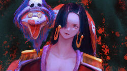 Rule 34 | 1girl, absurdres, animal, black hair, boa hancock, close-up, collarbone, commentary, earrings, epaulettes, fangs, hair over one eye, highres, jewelry, long hair, looking to the side, mygiorni, one piece, red shirt, salome (one piece), shirt, skull, snake earrings, straight hair, tongue, tongue out, upper body