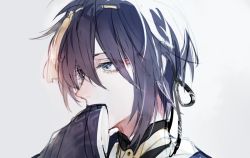 Rule 34 | 10s, 1boy, blue eyes, blue hair, covering own mouth, eyes visible through hair, hand to own mouth, hands in opposite sleeves, male focus, matching hair/eyes, mayer, mikazuki munechika, solo, touken ranbu, upper body