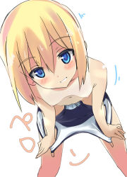 Rule 34 | 1girl, bent over, blonde hair, blue eyes, blush, bob cut, breasts, erica hartmann, grin, navel, nipples, one-piece swimsuit, one-piece tan, school swimsuit, short hair, simple background, small breasts, smile, solo, strike witches, swimsuit, tan, tanline, undressing, white background, world witches series, yuzuyoukan