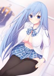 Rule 34 | 1girl, :o, absurdres, black pantyhose, blue bow, blue bowtie, blue eyes, blue hair, blue skirt, blurry, blush, bow, bowtie, bra, breasts, cleavage, clothes hanger, collared shirt, depth of field, dress shirt, dutch angle, emori miku, hair ornament, hairclip, heart, highres, indoors, lace, lace-trimmed bra, lace trim, large breasts, leaning forward, legs together, liver city, long hair, long sleeves, looking at viewer, miko (royal milk), nail polish, navel, official art, open clothes, open shirt, orange nails, panties, panties under pantyhose, pantyhose, parted lips, pink bra, pink panties, plaid, plaid bow, plaid bowtie, plaid hair ornament, plaid neckwear, plaid skirt, pleated skirt, school uniform, see-through, shirt, skirt, solo, standing, unbuttoned, unbuttoned shirt, underwear, undressing, very long hair, white shirt, wing collar