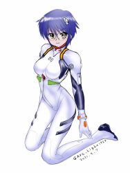 Rule 34 | 1girl, arc light, ayanami rei, ayanami rei (cosplay), bespectacled, blue hair, bodysuit, breasts, brown eyes, commentary request, cosplay, dated, full body, glasses, highres, interface headset, kneeling, light smile, looking at viewer, medium breasts, nagato yuki, neon genesis evangelion, pilot suit, plugsuit, simple background, solo, suzumiya haruhi no yuuutsu, twitter username, white background, white bodysuit