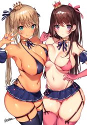 Rule 34 | 2girls, asymmetrical docking, bare shoulders, bikini, blonde hair, blue eyes, blue skirt, blush, breast press, breasts, brown hair, cleavage, crown, detached sleeves, elbow gloves, garter straps, gloves, hand on own hip, highleg, highleg bikini, jewelry, large breasts, long hair, looking at viewer, mataro (matarou), microskirt, mini crown, mole, mole under eye, multiple girls, nail polish, navel, neck ring, one side up, original, pink bikini, pink gloves, pink legwear, purple bikini, purple eyes, purple legwear, purple nails, side-tie bikini bottom, sidelocks, simple background, skindentation, skirt, smile, stomach, swimsuit, thighhighs, twintails, w, white background