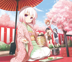 Rule 34 | 4girls, :d, ^ ^, ahoge, arms up, bento, black-framed eyewear, blue sky, blush, breasts, carrying, cherry blossoms, closed eyes, dango, day, floral print, food, full body, glasses, hair between eyes, hanami, japanese clothes, kimono, long sleeves, looking at viewer, multiple girls, obi, oil-paper umbrella, open mouth, original, outdoors, parted lips, petals, railing, sash, seiza, semi-rimless eyewear, shoulder carry, sitting, sky, smile, spring (season), standing, sweater vest, tree, umbrella, under-rim eyewear, wagashi, wide sleeves, yume no owari