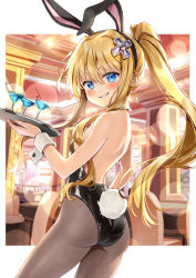 Rule 34 | 1girl, alternate costume, animal ears, ass, back, backless leotard, backless outfit, bare arms, bare shoulders, blonde hair, blue eyes, breasts, brown pantyhose, cocktail glass, cowboy shot, cross hair ornament, cup, detached collar, drinking glass, fake animal ears, fake tail, from side, grin, hair ornament, hairband, highleg, highleg leotard, highres, kakao rantan, kisaragi alice, leotard, long hair, looking at viewer, looking to the side, pantyhose, playboy bunny, sentouin hakenshimasu!, sidelocks, small breasts, smile, solo, standing, strapless, strapless leotard, tail, tray, twintails, v-shaped eyebrows, very long hair, wrist cuffs