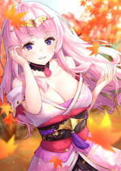 Rule 34 | 1girl, autumn leaves, bare shoulders, blue eyes, breasts, choker, cleavage, hand in own hair, himeji (oshiro project), japanese clothes, kimono, large breasts, long hair, looking at viewer, off shoulder, oshiro project:re, oshiro project:re, pensuke, pink hair, pink kimono, solo, tiara, upper body