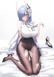 Rule 34 | 1girl, alternate costume, bare arms, bare shoulders, black skirt, blue hair, blush, breasts, closed mouth, commission, full body, girls&#039; frontline, high heels, highres, large breasts, long hair, looking at viewer, office lady, pantyhose, pixiv commission, shirt, skirt, solo, tar-21 (girls&#039; frontline), thighs, torn clothes, torn pantyhose, very long hair, white shirt, yampa, yellow eyes