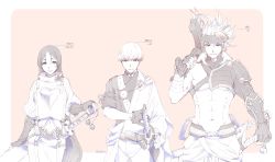 Rule 34 | 1girl, 2boys, :d, armor, artist name, axe, bandages, bare pectorals, bowl cut, contrapposto, expressionless, fate/grand order, fate (series), fingerless gloves, gloves, hand on weapon, height chart, height difference, japanese clothes, katana, kimono, loincloth, long hair, looking at viewer, mature female, messy hair, minamoto no raikou (fate), monochrome, multiple boys, muscular, muscular male, obi, open mouth, osanai satoru, parted bangs, pectorals, pink background, ribbed sleeves, ribbon, sakata kintoki (fate), sakata kintoki (heian warrior attire) (fate), sash, sheath, short hair, short sleeves, shoulder armor, smile, sword, tassel, very long hair, watanabe no tsuna (fate), wavy hair, weapon, wide sleeves
