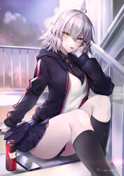 Rule 34 | 1girl, absurdres, ahoge, blush, breasts, can, cellphone, drink can, fate/grand order, fate (series), grey hair, hane yuki, highres, jeanne d&#039;arc alter (avenger) (fate), jeanne d&#039;arc alter (fate), kneehighs, large breasts, long sleeves, looking at viewer, phone, school uniform, short hair, sitting, skirt, socks, soda can, solo, tongue, tongue out, yellow eyes