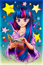 Rule 34 | 1girl, arinko (sugolife), bad id, bad pixiv id, blue hair, book, character name, dress, hair ornament, highres, holding, horns, long hair, looking at viewer, multicolored hair, my little pony, my little pony: friendship is magic, open book, personification, pink hair, popped collar, purple dress, purple eyes, single horn, smile, solo, star (symbol), twilight sparkle, two-tone hair, wide sleeves, witch