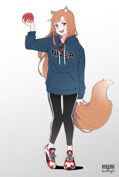 Rule 34 | 1girl, absurdres, animal ears, apple, blush, fang, food, fruit, gluteal fold, highres, holding, holding food, holo, hood, hoodie, jewelry, long hair, necklace, nivearich, orange hair, pants, pouch, red eyes, shoes, smile, sneakers, spice and wolf, sweatpants, tail, wolf ears, wolf tail