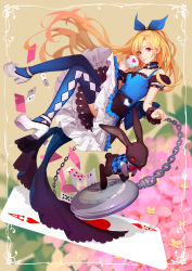 Rule 34 | 1girl, alice (alice in wonderland), alice in wonderland, argyle, argyle clothes, argyle legwear, ask (askzy), blonde hair, blue dress, blue thighhighs, breasts, card, chain, choker, cup, dress, flower, hair ribbon, high heels, long hair, pocket watch, puffy short sleeves, puffy sleeves, rabbit, ribbon, shoe soles, short sleeves, small breasts, smile, strappy heels, teacup, thighhighs, very long hair, watch, wrist cuffs