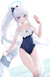 Rule 34 | 1girl, :o, bare shoulders, black bow, blue archive, blue bow, blue halo, blue one-piece swimsuit, blush, bow, breasts, casual one-piece swimsuit, cellphone, cleavage, collarbone, covered navel, cowboy shot, frilled one-piece swimsuit, frills, hair bow, halo, hand up, high ponytail, highres, holding, holding phone, holding swim ring, innertube, long hair, looking at viewer, medium breasts, miyako (blue archive), miyako (swimsuit) (blue archive), off-shoulder one-piece swimsuit, off shoulder, official alternate costume, one-piece swimsuit, parted lips, phone, ponytail, purple eyes, rafrog, ribbon, sidelocks, smartphone, solo, standing, swim ring, swimsuit, thighs, very long hair, water, white background, white hair