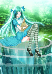 Rule 34 | 1girl, alice (alice in wonderland), alice (alice in wonderland) (cosplay), alice in wonderland, aqua eyes, aqua hair, bad id, bad pixiv id, bow, cosplay, dress, hair bow, hatsune miku, highres, long hair, rabbit, smile, solo, striped clothes, striped thighhighs, thighhighs, twintails, very long hair, vocaloid, water, yonasawa, zettai ryouiki