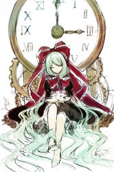 Rule 34 | 1girl, absurdres, bow, closed eyes, fuepo, green hair, highres, long hair, parted bangs, red bow, sitting, solo, touhou