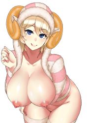 Rule 34 | 1girl, :p, blonde hair, blue eyes, blush, breast hold, breasts, cowboy shot, highres, hood, hoodie, horns, huge breasts, looking at viewer, naked hoodie, new year, nipples, original, pointy ears, sheep horns, short hair, smile, solo, striped clothes, striped thighhighs, thighhighs, tongue, tongue out, zonda (solid air)