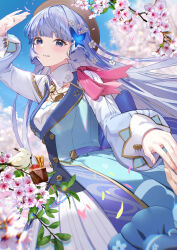 Rule 34 | 1girl, 1other, absurdres, alternate hairstyle, ayaka (genshin impact), bird, blue dress, blue eyes, blue hair, blue sky, blunt bangs, blunt tresses, butterfly hair ornament, cloud, cloudy sky, collar, dress, floating hair, flower, genshin impact, hair flower, hair ornament, hand up, hat, highres, jewelry, kamisato ayaka, kamisato ayaka (springbloom missive), long hair, long sleeves, looking at viewer, official alternate costume, outdoors, parted lips, ring, sky, smile, solo focus, ttorong, white collar, white flower