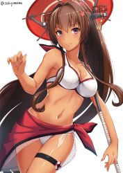 Rule 34 | 1girl, adapted costume, artist name, bare arms, bare shoulders, bikini, bikini tan, breasts, brown hair, cherry blossoms, cleavage, closed mouth, cloud, collar, collarbone, day, flower, hair between eyes, hair flower, hair intakes, hair ornament, headgear, holding, holding umbrella, kantai collection, kikumon, large breasts, long hair, looking at viewer, navel, oil-paper umbrella, open mouth, parasol, red umbrella, sakiyamama, sarong, shiny skin, simple background, smile, solo, swimsuit, tan, tanline, thigh strap, umbrella, very long hair, white background, white bikini, yamato (kancolle)