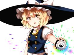 1girl :o aiming aiming_at_viewer blonde_hair blush powering_up commentary crescent crescent_pin female_focus hat kirisame_marisa legacy_of_lunatic_kingdom looking_at_viewer mini-hakkero powering_up rainbow_gradient short_hair solo touhou vest witch_hat yellow_eyes yin_yang yururi_nano