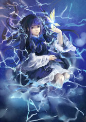 Rule 34 | 1girl, bad id, bad pixiv id, blue eyes, blue hair, bow, bug, butterfly, crystal, dress, female focus, frederica bernkastel, bug, long hair, matching hair/eyes, rifsom, solo, umineko no naku koro ni, water