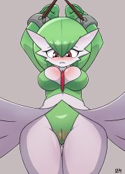 Rule 34 | 1girl, absurdres, anonymouse, arms up, blush, breasts, cameltoe, cleavage, cleft of venus, cowboy shot, creatures (company), game freak, gardevoir, gen 3 pokemon, gluteal fold, green hair, grey background, highres, looking down, medium breasts, nintendo, parted lips, pokemon, pokemon (creature), red eyes, restrained, short hair, simple background, solo, thigh gap