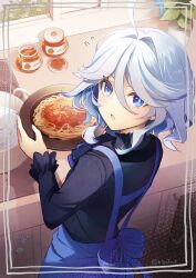 Rule 34 | 1girl, :o, ahoge, apron, black shirt, blue apron, blue bow, blue hair, bow, commentary request, cooking, crown (symbol), food, from above, from behind, furina (genshin impact), genshin impact, hair between eyes, highres, holding, holding food, indoors, kinatsu k, kitchen, long sleeves, looking at viewer, looking back, open mouth, pasta, sauce, shirt, short hair, solo, spaghetti, twitter username, upper body