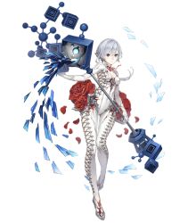 Rule 34 | 1girl, asymmetrical bangs, blood, blood on clothes, bodysuit, breasts, cross-laced clothes, flower, full body, grey eyes, holding, holding staff, ji no, looking at viewer, official art, rose, silver hair, silver trim, sinoalice, small breasts, snow white (sinoalice), solo, staff, transparent background, white bodysuit