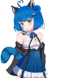 Rule 34 | 1girl, absurdres, ahoge, animal ears, blue hair, blush, blush stickers, breasts, commission, highres, idol corp, key, mouse (animal), poko rakun, raccoon ears, raccoon tail, shirt, short hair, simple background, skirt, small breasts, tail, thick eyebrows, virtual youtuber, white background, yellow eyes