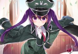 Rule 34 | 1girl, alcohol, blush, cup, drinking glass, gloves, gochuumon wa usagi desu ka?, hand on own hip, hat, jacket, jacket on shoulders, long hair, looking at viewer, military hat, military jacket, necktie, purple eyes, purple hair, shirako miso, skirt, smile, solo, tedeza rize, twintails, white gloves, wine, wine glass